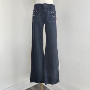 Vintage Y2K Tripp NYC Black Wide Leg Pants Purple Stitch D-Ring Hardware Size 4